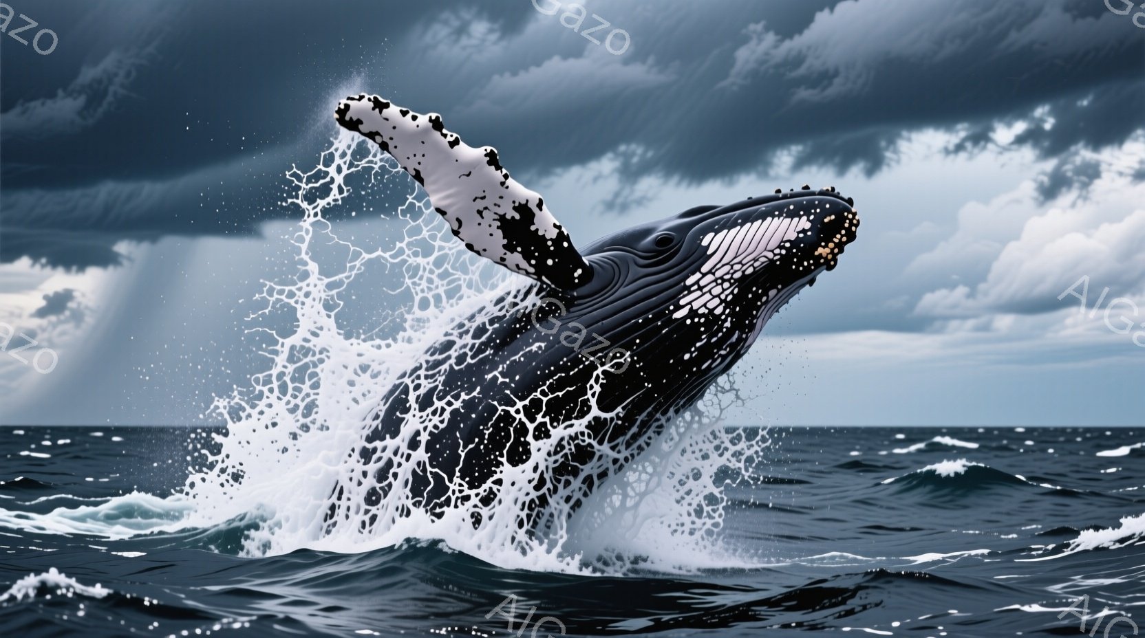 黒い鯨が海面から大きく飛び上がっている様子が描かれている。水しぶきが四方八方に飛び散り、周囲の海面には波紋が広がっている。背景には暗い雲が広がり、海は荒れているが、鯨の力強い躍動感が全体を支配している - AI生成フリー素材