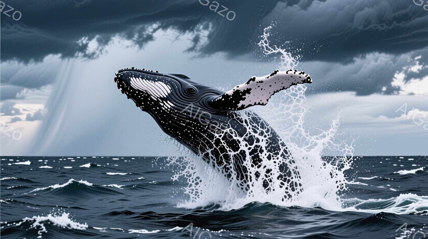 黒い鯨が海面から大きく飛び上がっている様子が捉えられています。周囲には白い波しぶきが飛び散り、背景には暗い雲が広がり、激しい嵐の到来を予感させるような光景です。鯨の力強い躍動感と荒々しい自然の姿が印象的な一枚です。