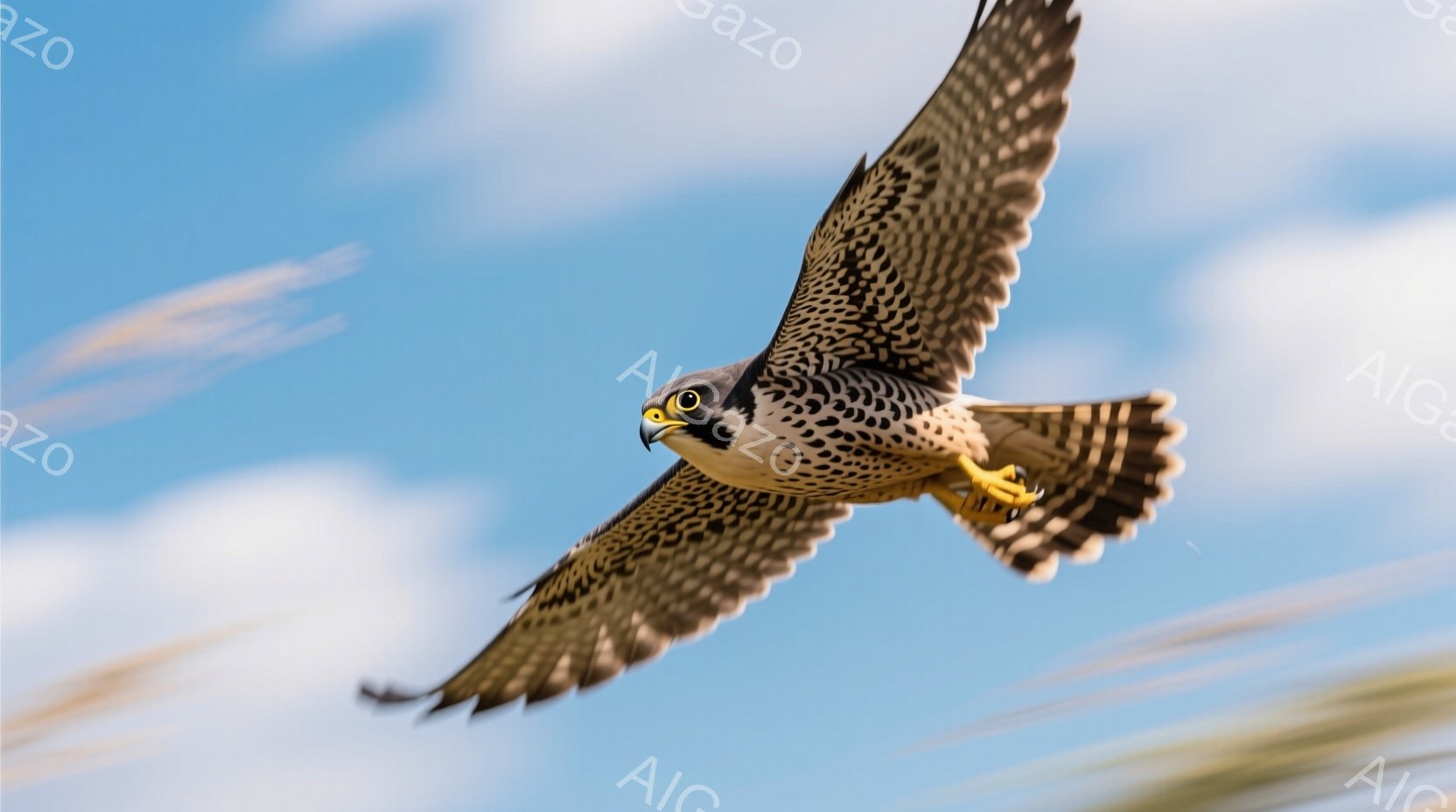 空を飛ぶハヤブサが捉えられています。翼を大きく広げ、鋭い眼光で前を見据え、力強く飛行しています。背景には青空と白い雲が広がり、自然の雄大さを感じさせる一枚です。 - AI生成フリー素材