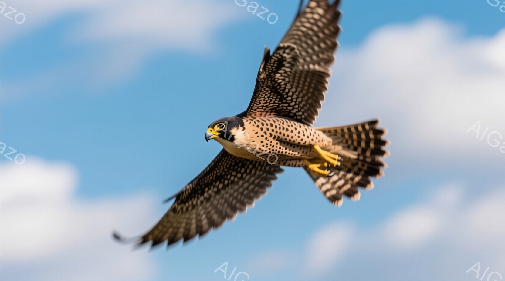 一羽の猛禽類が翼を広げ、青空を飛んでいる姿が捉えられています。翼の模様は細かい点々模様で、茶色と黒が混ざり合い、空を背景に鮮やかなコントラストを生み出しています。鳥は力強く前進し、鋭い眼差しは獲物を捉 - AI生成フリー素材