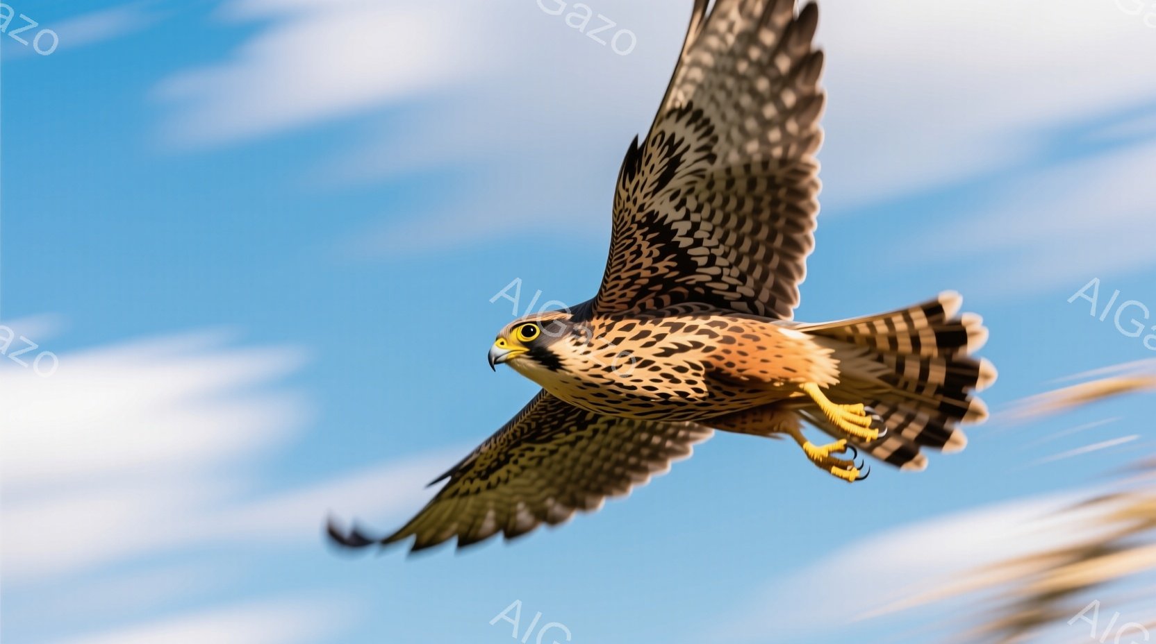 鮮やかな青空を背景に、一羽のハヤブサが翼を広げて飛び交う姿が捉えられています。ハヤブサの羽は茶色と白の模様が特徴的で、鋭い眼差しと引き締まった姿勢がその力強さを表しています。背景にはぼやけた雲が広がり - AI生成フリー素材