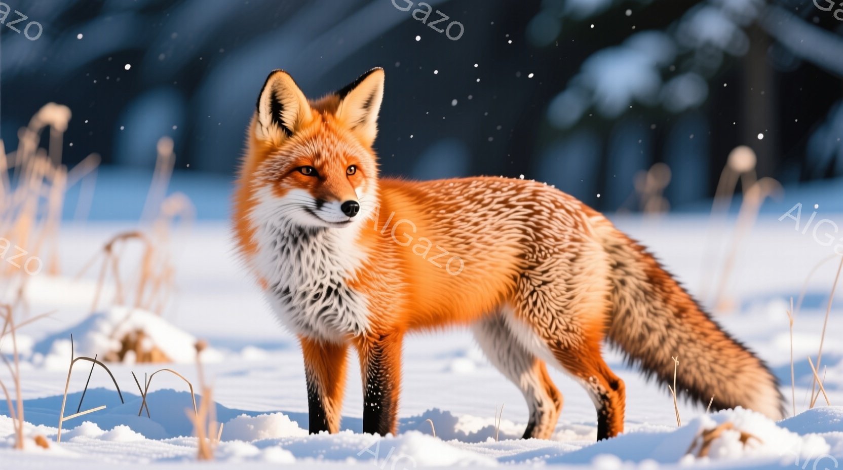 明るいオレンジ色の毛並みを持つキツネが雪景色の中に立っている。その視線は鋭く、少し警戒している様子がうかがえる。背景にはぼやけた木々や植物が見え、雪が舞っていることから、冬の静かな森の中であることがわかる。