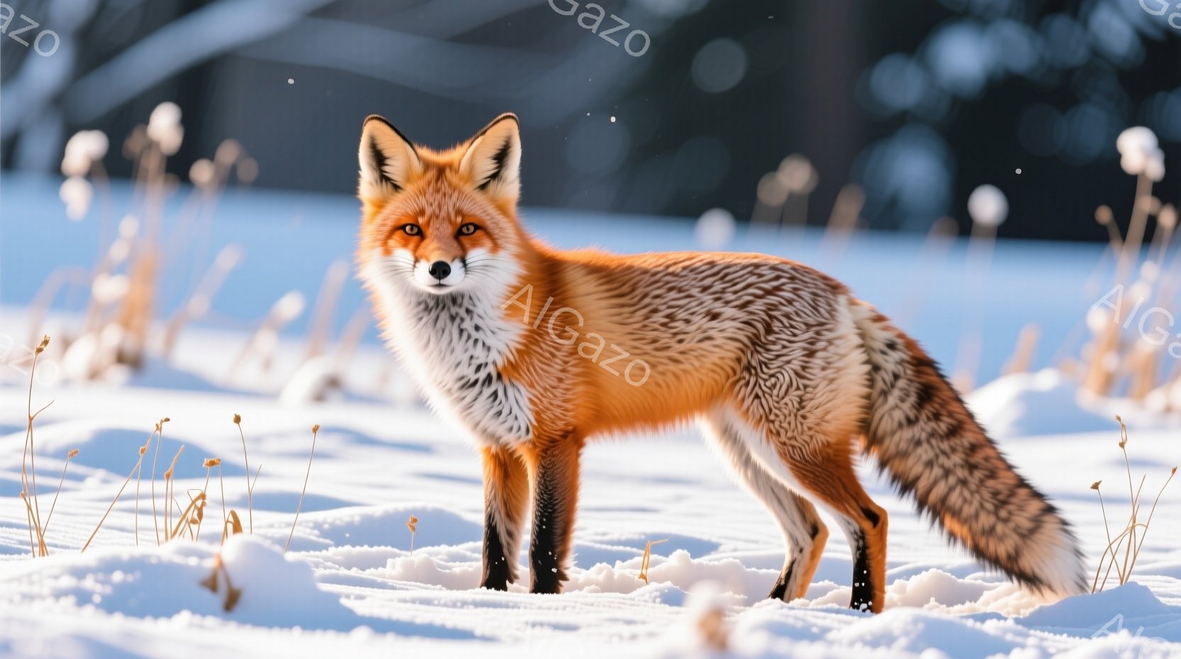 深い雪の上に立つ、鮮やかなオレンジ色のキツネが写っている。キツネは正面を向いており、鋭い眼差しでこちらを見つめている。背景には雪景色が広がり、草の茎がわずかに顔を出し、冬の静寂とキツネの凛々しさを際立たせている。