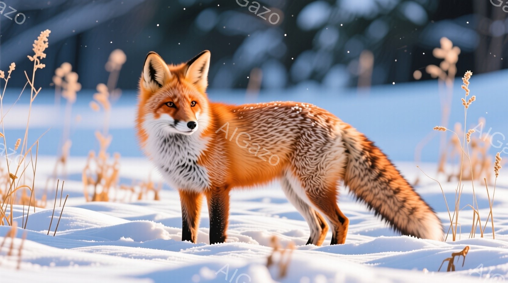 広大な雪原に、赤褐色の毛並みが美しいキツネが佇んでいます。鋭い眼光でこちらを見つめ、冬の厳しい寒さにも負けない凛とした姿をしています。背景には枯れ草が点在し、雪景色の中に暖かみを与えています。 - AI生成フリー素材