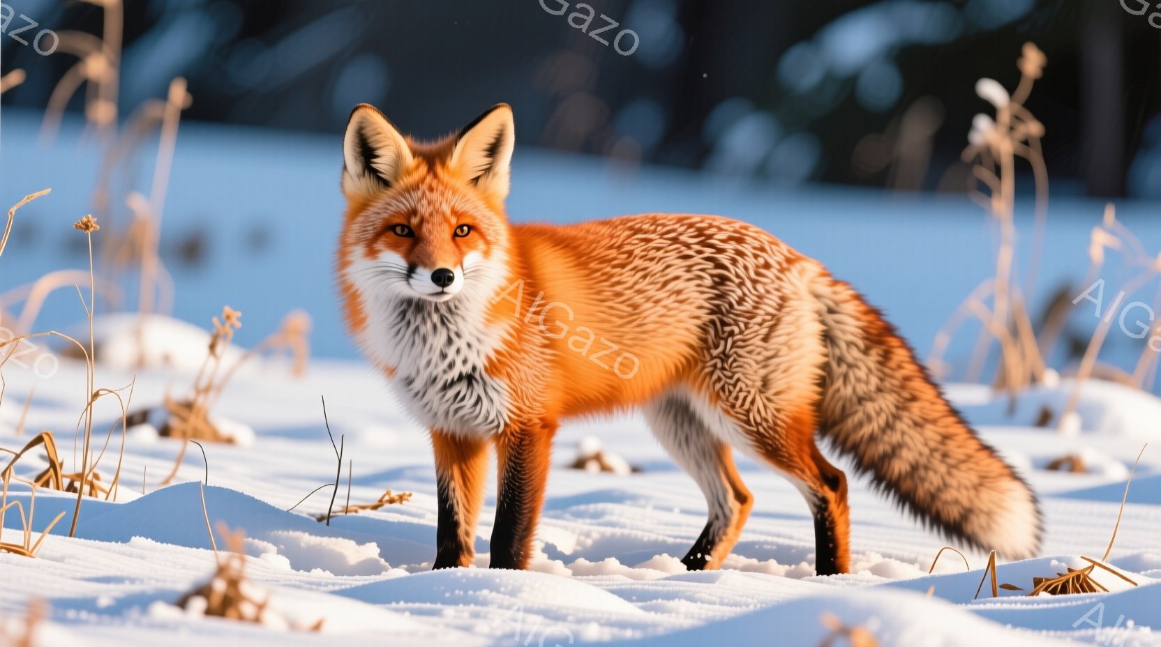 広大な雪景色の中に、鮮やかな赤褐色の毛並みを持つキツネが立っている。その姿は凛々しく、鋭い眼光は遠くを見つめている。背景には乾いた草が点在し、雪とキツネのコントラストが冬の静寂を強調している。 - AI生成フリー素材
