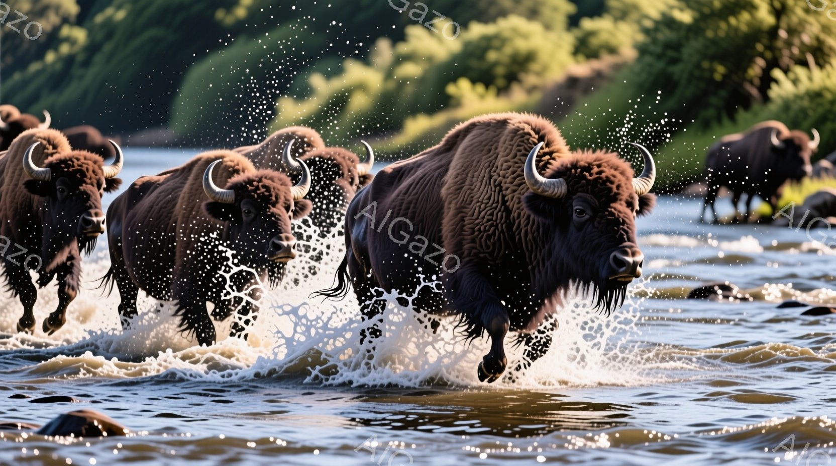 複数のバイソンが川の中を力強く駆け抜けている様子が捉えられています。水しぶきが飛び散り、バイソンの筋肉質な体躯と角が強調され、野生の力強さを感じさせます。背景には緑豊かな植物が見え、晴天の下、自然の中 - AI生成フリー素材