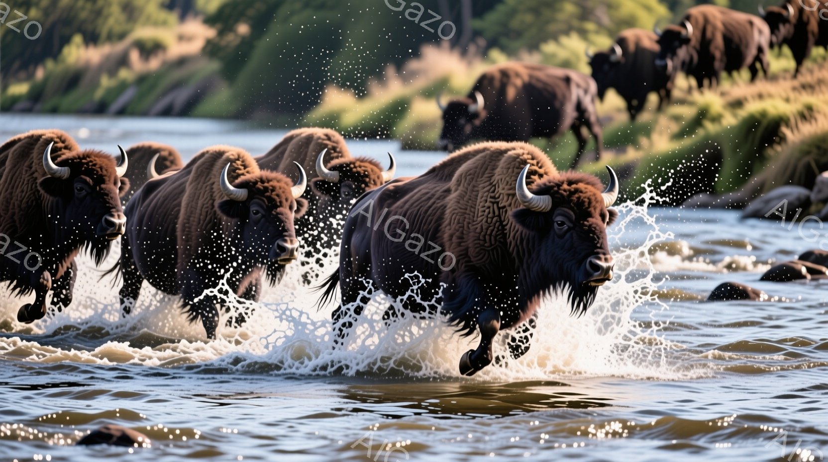 複数のバイソンが濁った川の中を勢いよく走っている様子が捉えられている。水しぶきが飛び散り、バイソンの筋肉質な体躯と荒々しい動きが強調されている。背景には緑豊かな森林が見え、自然の力強さと野生動物の躍動 - AI生成フリー素材