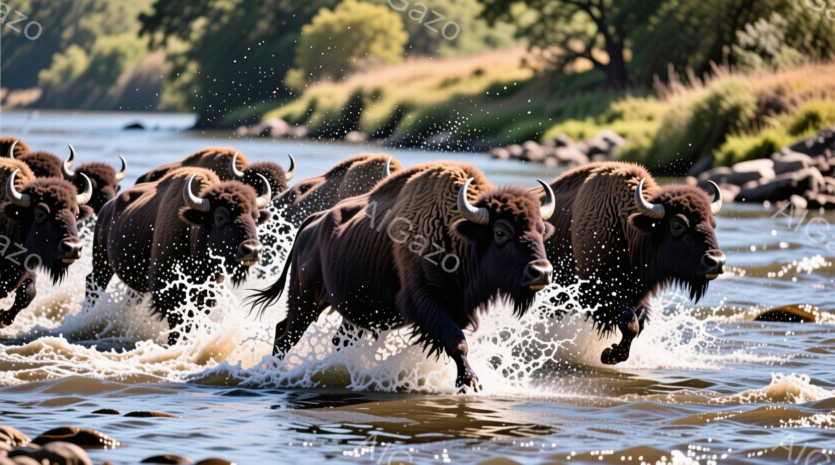 黒いアメリカバイソンが、水しぶきを上げながら川の中を力強く走っている様子が捉えられています。背景には緑豊かな植物が広がり、晴れた空の下、バイソンたちは活気に満ちた疾走を続けています。水面はバイソンの動 - AI生成フリー素材