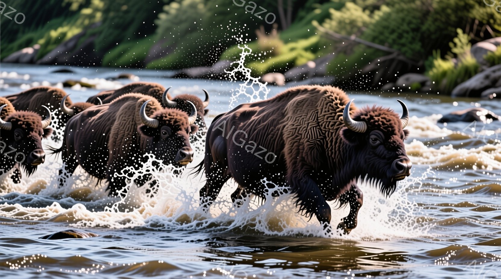 複数のバイソンが激しく流れる川を渡っています。彼らは黒い体毛を持ち、力強く前進しており、水しぶきが飛び散る様子から、その速度と活力が伝わってきます。背景には緑豊かな自然が広がり、水面は太陽の光を反射し - AI生成フリー素材