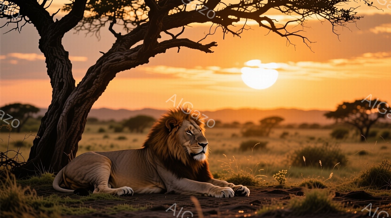 広大なサバンナで、たてがみが豊かなオスのライオンが横たわっている。背景には黄金色に輝く夕日と、遠くに見える丘陵地帯が広がっており、穏やかで力強い雰囲気を醸し出している。ライオンは自信に満ちた表情で遠く - AI生成フリー素材