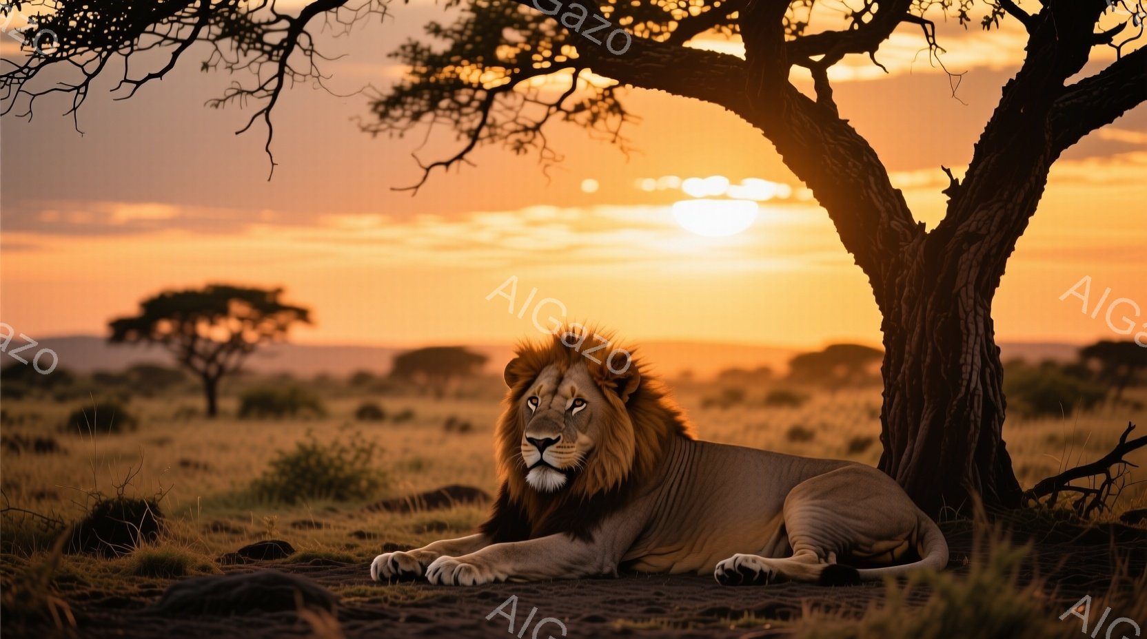 広大なサバンナで、堂々としたオスライオンが横たわっています。夕焼けのオレンジ色の光が、ライオンのたてがみと体を照らし、力強い表情が際立っています。背景には、まばらに生えた木々と、遠くの丘が夕焼けに染まり、静かで荘厳な雰囲気を醸し出しています。