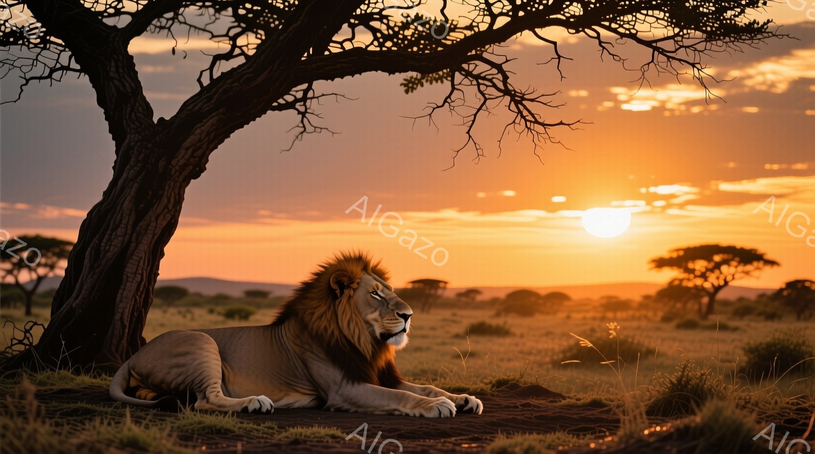 広大なサバンナで、たてがみが豊かな雄ライオンが木陰で横たわっています。夕焼けのオレンジ色の空が背景に広がり、遠くにはシルエット状の木々が見えます。ライオンは落ち着いた表情で、力強い存在感を放っています。