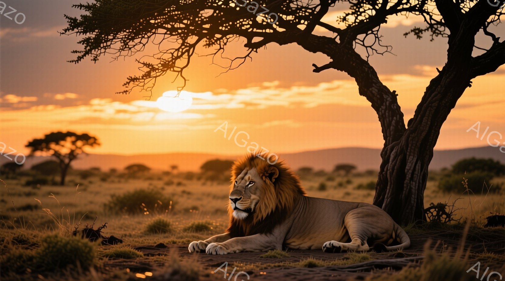 広大なサバンナに、たてがみが豊かな雄ライオンが横たわっている。夕焼けのオレンジ色の空が背景に広がり、遠くには木々がシルエットとして見える。ライオンはリラックスした様子で、鋭い眼差しで遠くを見つめている。