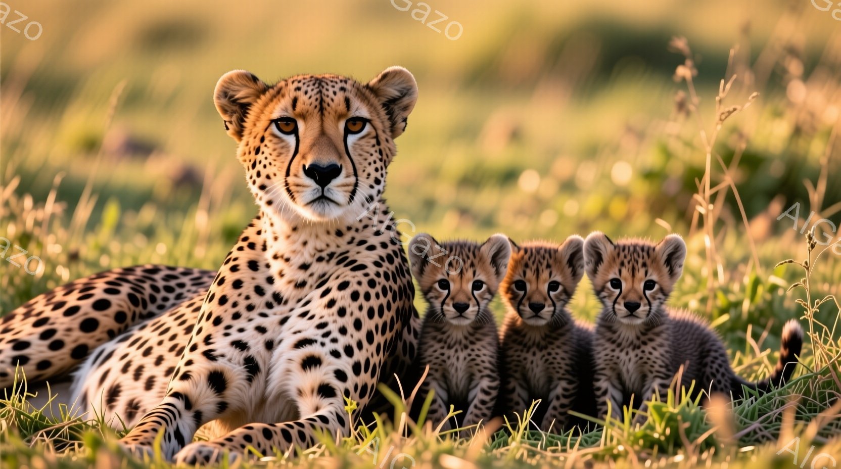 鮮やかな緑の草むらの中に、母チーターと３匹の子チーターが寄り添って座っている様子が捉えられています。母チーターは力強い眼差しで正面を見据え、子チーターたちは少し不安そうに母に寄り添っているのが印象的です。背景には穏やかな光が差し込み、家族の温かい愛情と平和な雰囲気が漂っています。