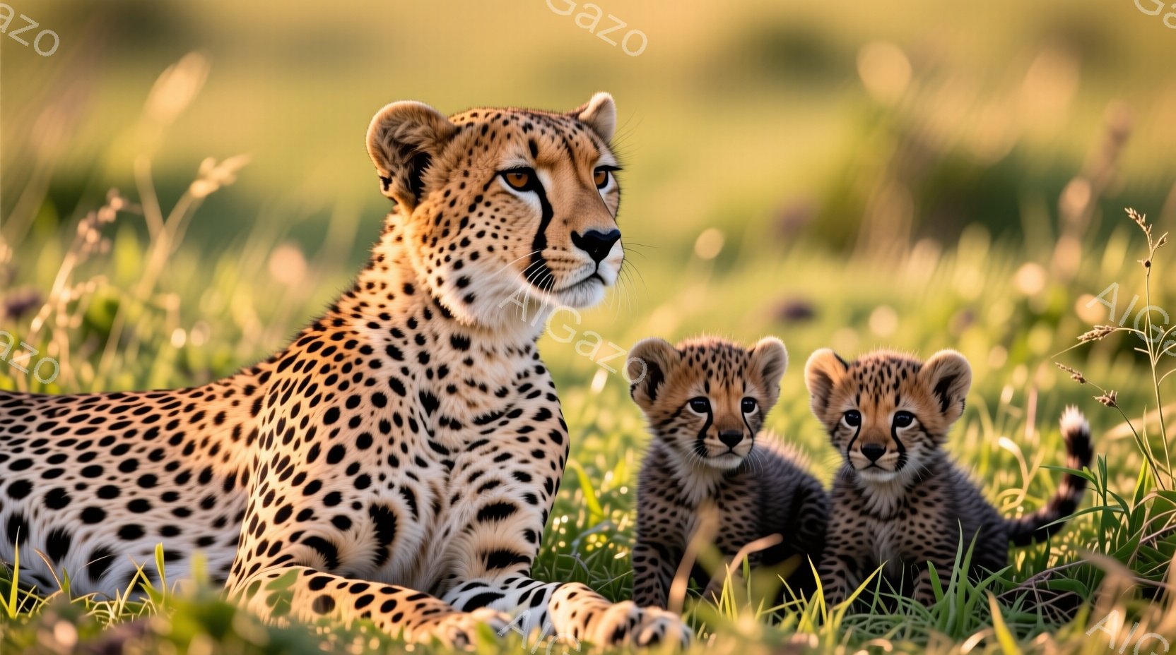 広大な草原に、母チーターと2匹の子チーターが寄り添って座っている様子が写っている。母チーターは落ち着いた表情で遠くを見つめ、子チーターたちは母親のそばで不安そうにこちらを見ている。背景は緑豊かな草原で、光が差し込み、温かく穏やかな雰囲気を醸し出している。