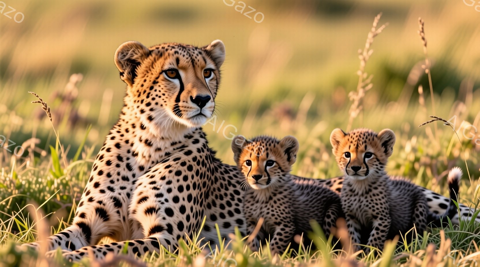 母と二匹の子チーターが草原に横たわっています。母チーターは落ち着いた表情で前を見つめ、子チーターたちは少し不安そうに母親を見上げています。背景には黄金色の草が生い茂り、穏やかな日差しが降り注いでおり、平和で温かい雰囲気が漂っています。