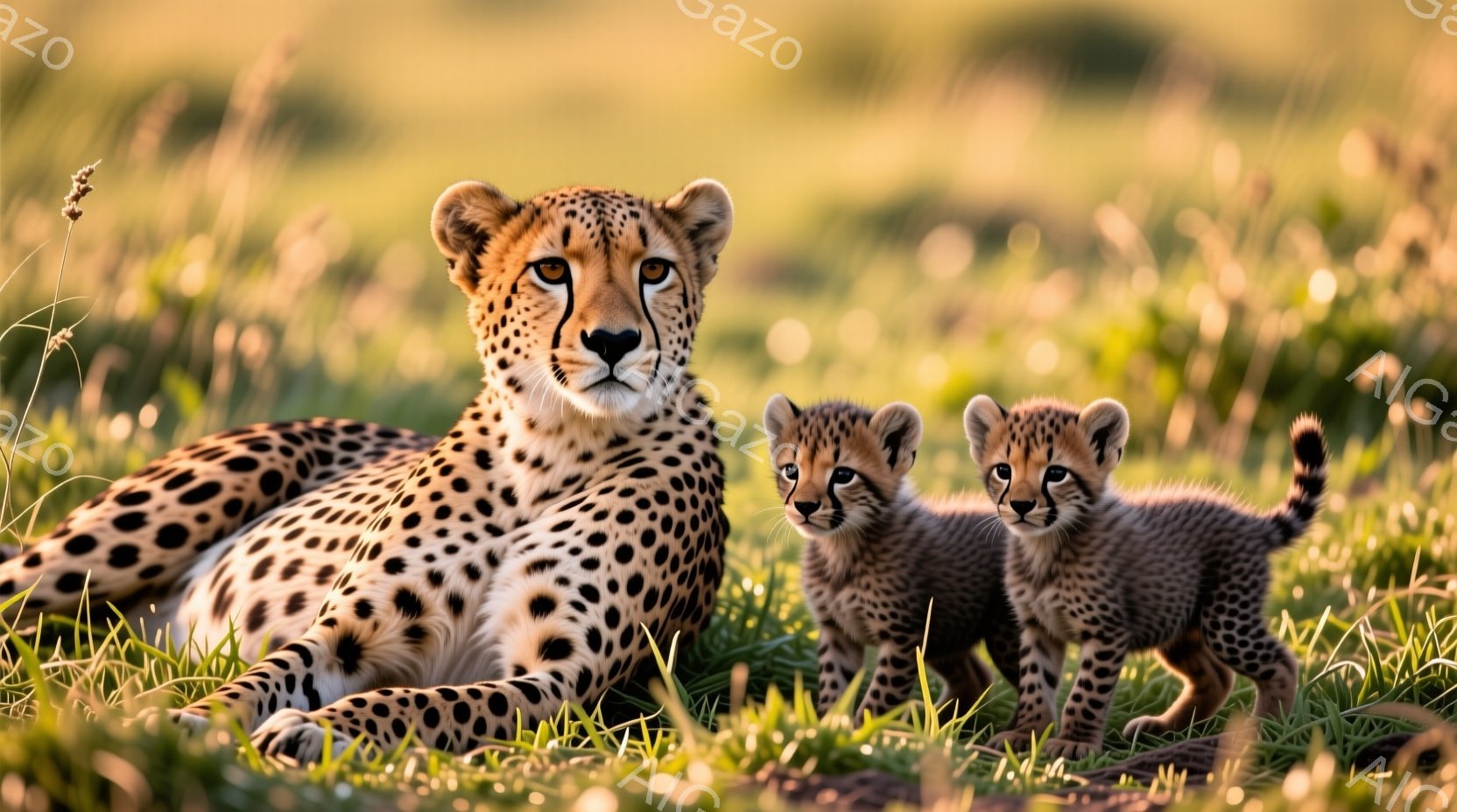 広大な緑の草原に、母チーターとその子2頭が佇んでいます。母チーターはリラックスして横たわり、優しい眼差しで子を見守っています。子たちは好奇心旺盛に前を見つめ、母親のそばで少し緊張した様子で立っています。
