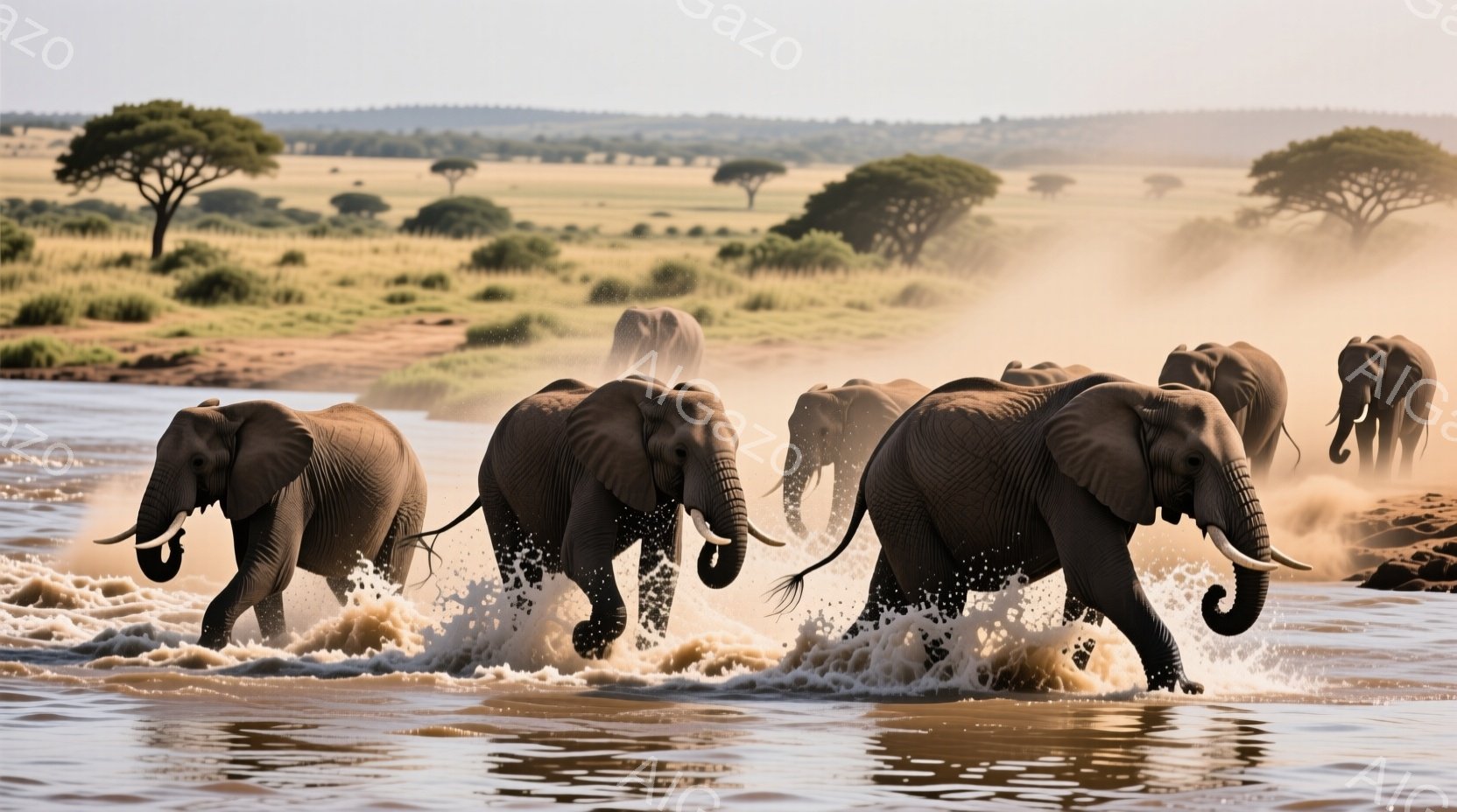 泥水の中を、複数のアフリカゾウが勢いよく駆け抜けている様子が捉えられています。ゾウたちは長い鼻を高く上げ、水しぶきを上げながら、力強く前進しています。背景には黄金色のサバンナが広がり、点在する木々と薄曇りの空が、力強い光景に奥行きを与えています。