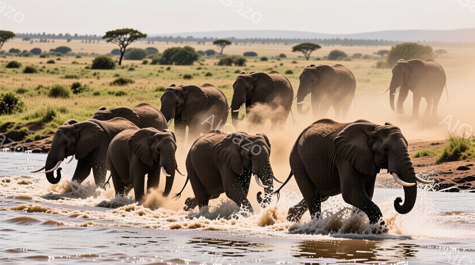 多数のゾウが浅い水の中を歩いている様子が捉えられています。水しぶきが上がり、ゾウたちは前進しながら力強い足取りを見せています。背景にはサバンナのような草原が広がり、まばらに木々が生えています。 - AI生成フリー素材