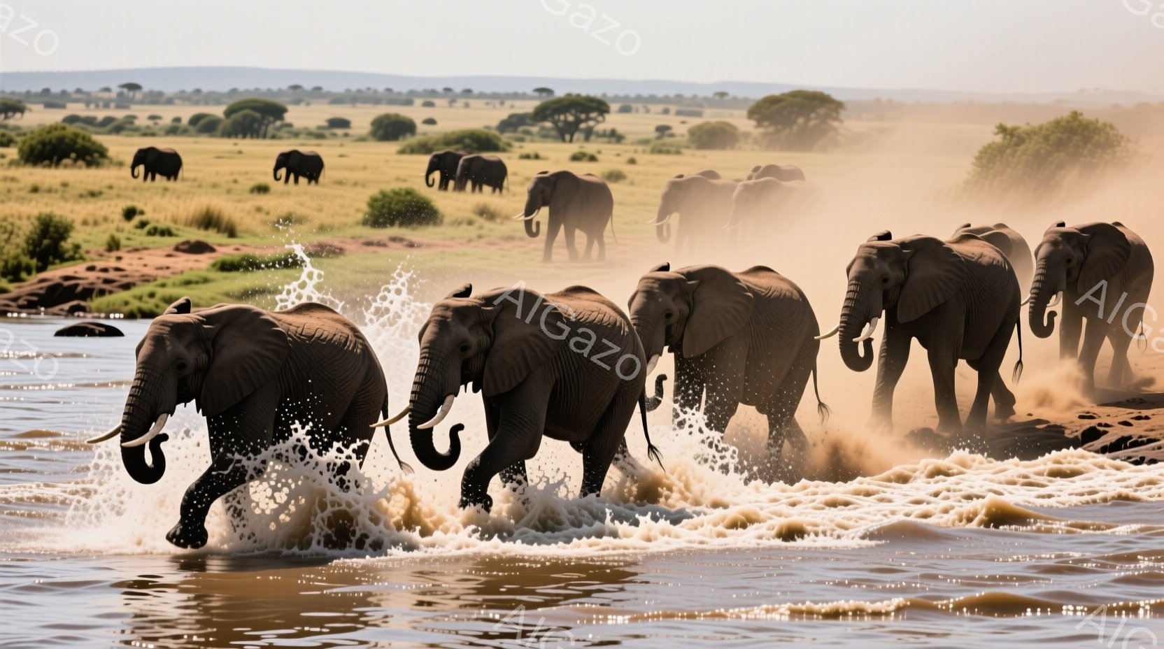ゾウの群れが水辺を駆け抜けている様子が捉えられています。水しぶきが飛び散り、地面は土埃で舞い上がっています。背景には黄金色のサバンナが広がり、遠くには他のゾウの群れや点在する木々が見え、晴天の下、活気に満ちた自然の風景が広がっています。