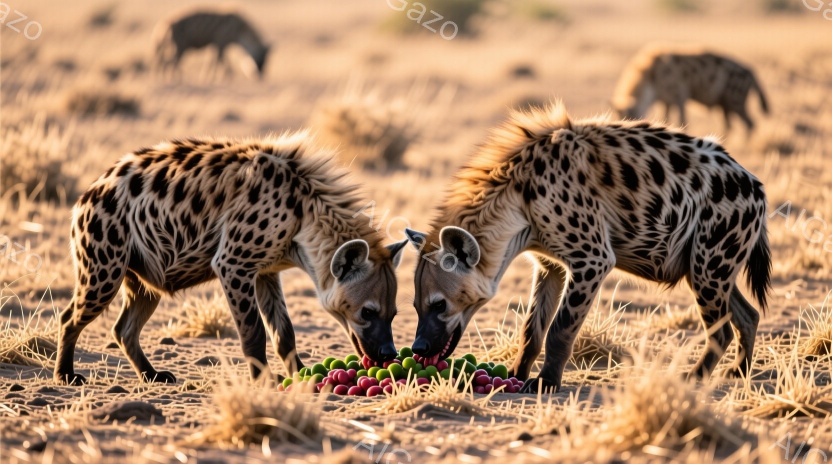 2匹のハイエナが地面に置かれた赤い球体と緑色の球体の山に夢中で取り組んでいます。ハイエナは斑点模様の毛皮を持ち、うつむき加減で、球体を食べるか、または興味津々に見つめています。背景には乾燥した草地が広 - AI生成フリー素材
