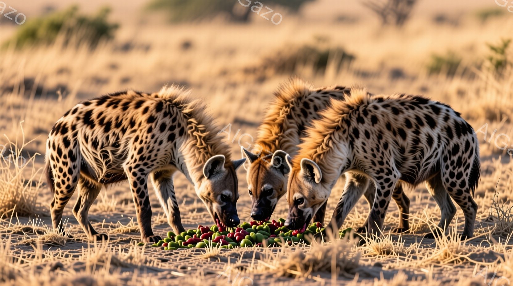 乾燥した草原で3頭のハイエナが写っている。彼らは地面に散らばった赤い果実を熱心に食べており、その姿勢は集中している。背景は黄金色の乾燥した草と遠くに見える灌木で覆われ、日中の暖かい雰囲気を感じさせる。