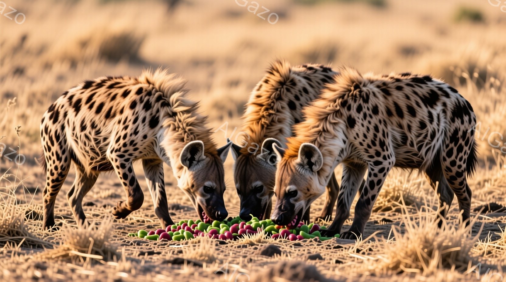 砂色の乾燥した平原に、斑点模様のハイエナが3頭、地面に散らばった赤い実と緑色の果実の集まりに群がっている。ハイエナたちは前かがみになり、鼻を地面に近づけて食べ物を探索しており、その毛並みは荒々しく、活 - AI生成フリー素材