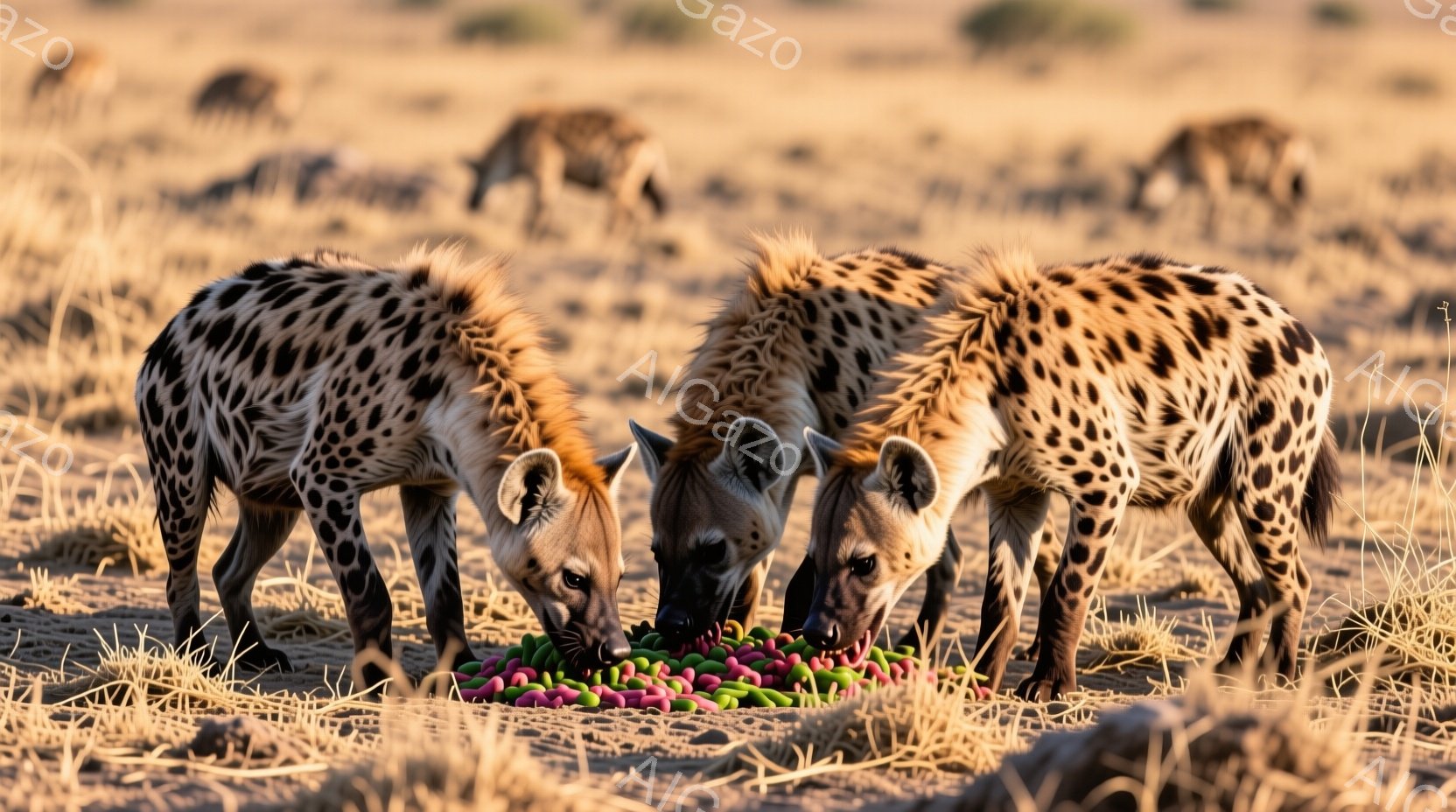 茶色と黒の斑点模様を持つハイエナが数頭写っており、地面に置かれたカラフルなペレット状の餌を食べている。ハイエナたちは前かがみになり、集中して餌に群がっている様子で、周囲は乾燥した草原が広がり、他のハイエナも点在している。全体的に、乾燥した自然環境の中で生きるハイエナの日常を描写した、自然な雰囲気の写真である。