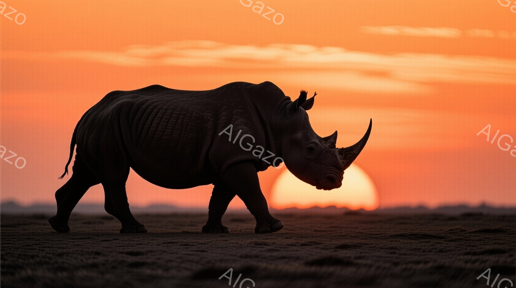 画像は夕焼けを背景にしたアフリカゾウのシルエットです。ゾウは右に歩き、力強い姿を現しており、その皮膚の質感が際立っています。背景の夕焼けはオレンジ色で、平原の地平線がかすかに見え、全体的に力強くも穏やかな雰囲気を醸し出しています。