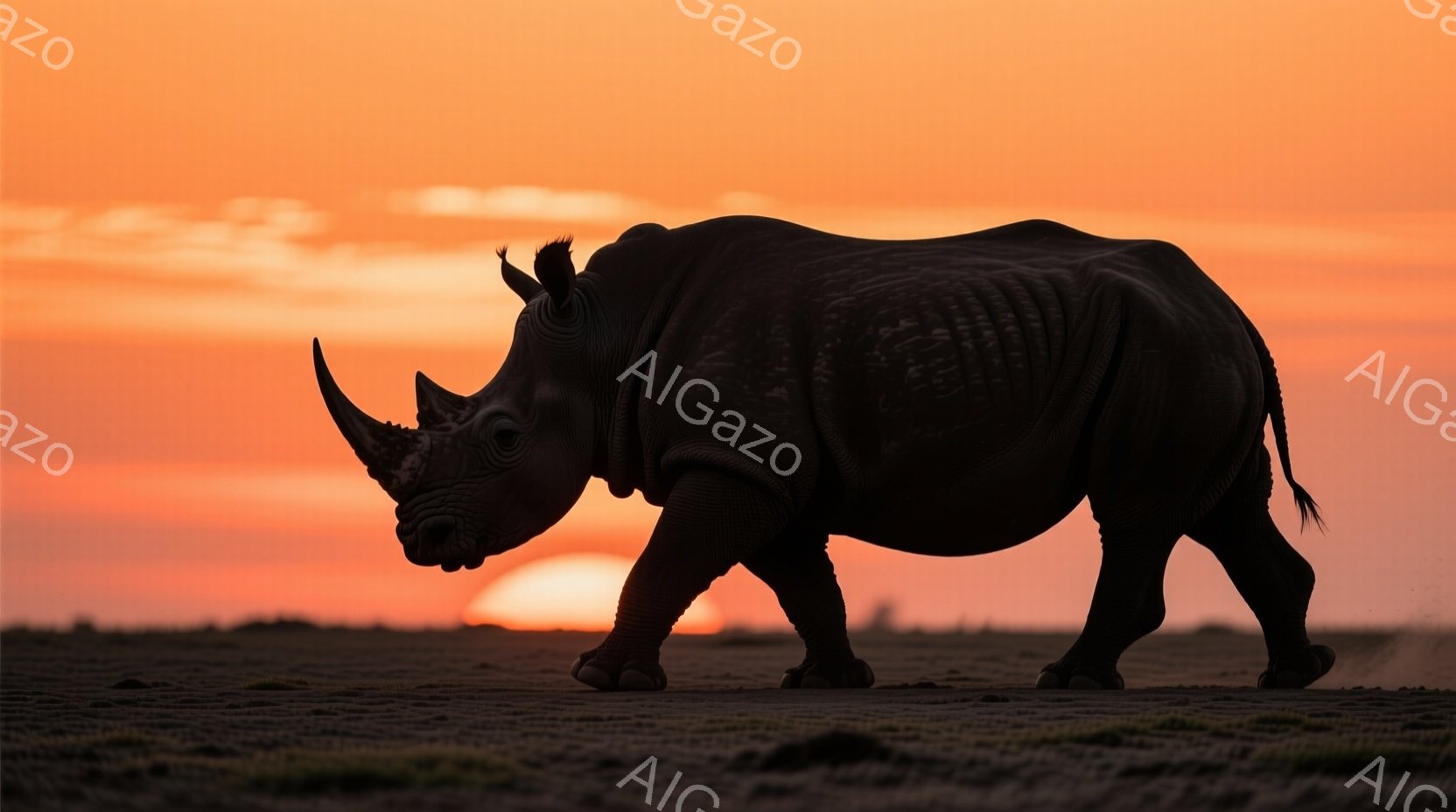広大な平原を、シルエットになったアフリカゾウが歩いている。夕焼けが空をオレンジ色に染め上げ、地平線にはぼんやりとした太陽が沈んでいる。ゾウは力強く大地を踏みしめ、野生の自然の壮大さを表現している。