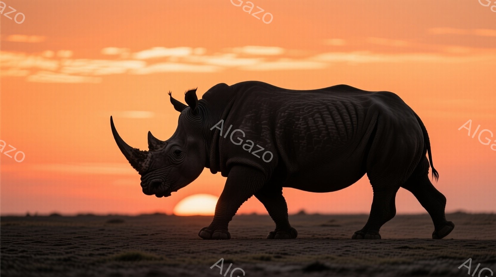 夕焼けを背景に、アフリカのサバンナを歩く大きなライノス（犀）が写っている。その姿はシルエットで描かれ、力強く、堂々とした印象を与える。背景の空はオレンジと赤のグラデーションで、夕暮れ時の穏やかさと壮大 - AI生成フリー素材