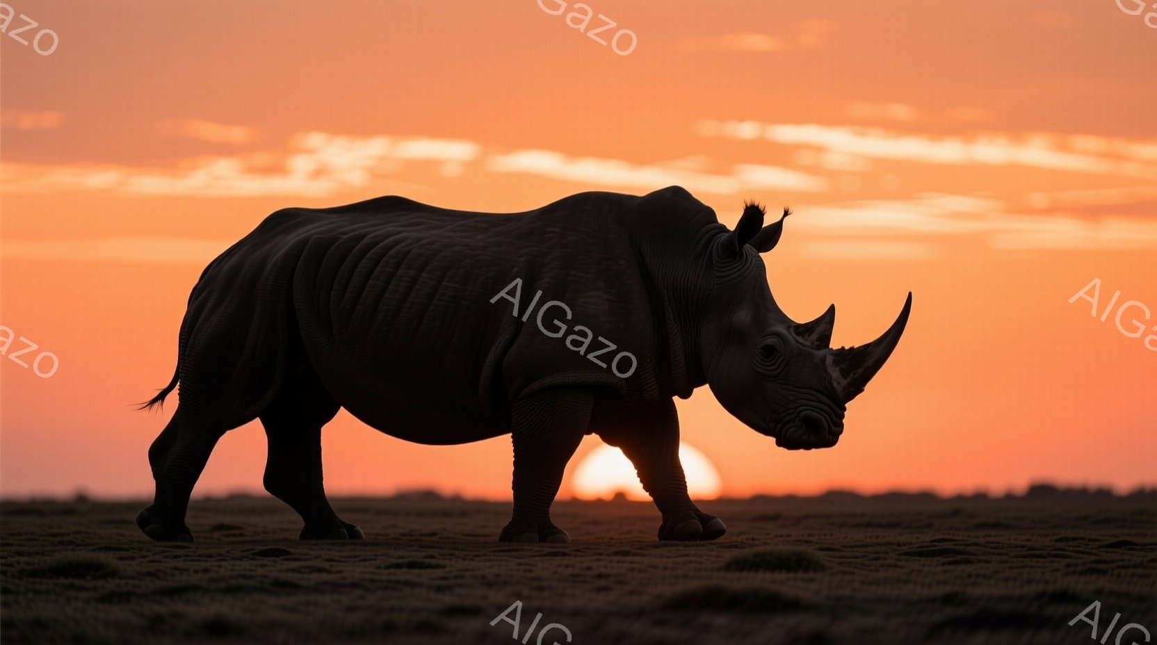 巨大なアフリカサイが夕焼けを背景に草原を歩いている。サイのシルエットは力強く、肌の質感が強調されている。夕焼けはオレンジ色と赤色のグラデーションで、穏やかで荘厳な雰囲気を醸し出している。