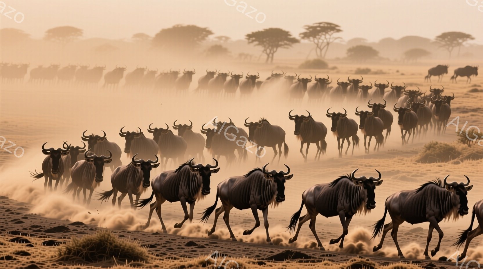 広大なサバンナを、シマウマのような模様を持つヌーが群れをなして疾走している様子が捉えられている。埃が舞い上がり、背景にはぼんやりと木々が見え、朝焼けのような暖色系の光が全体を包み込んでいる。ヌーたちは一列に並び、生命力にあふれた活気ある雰囲気を醸し出している。
