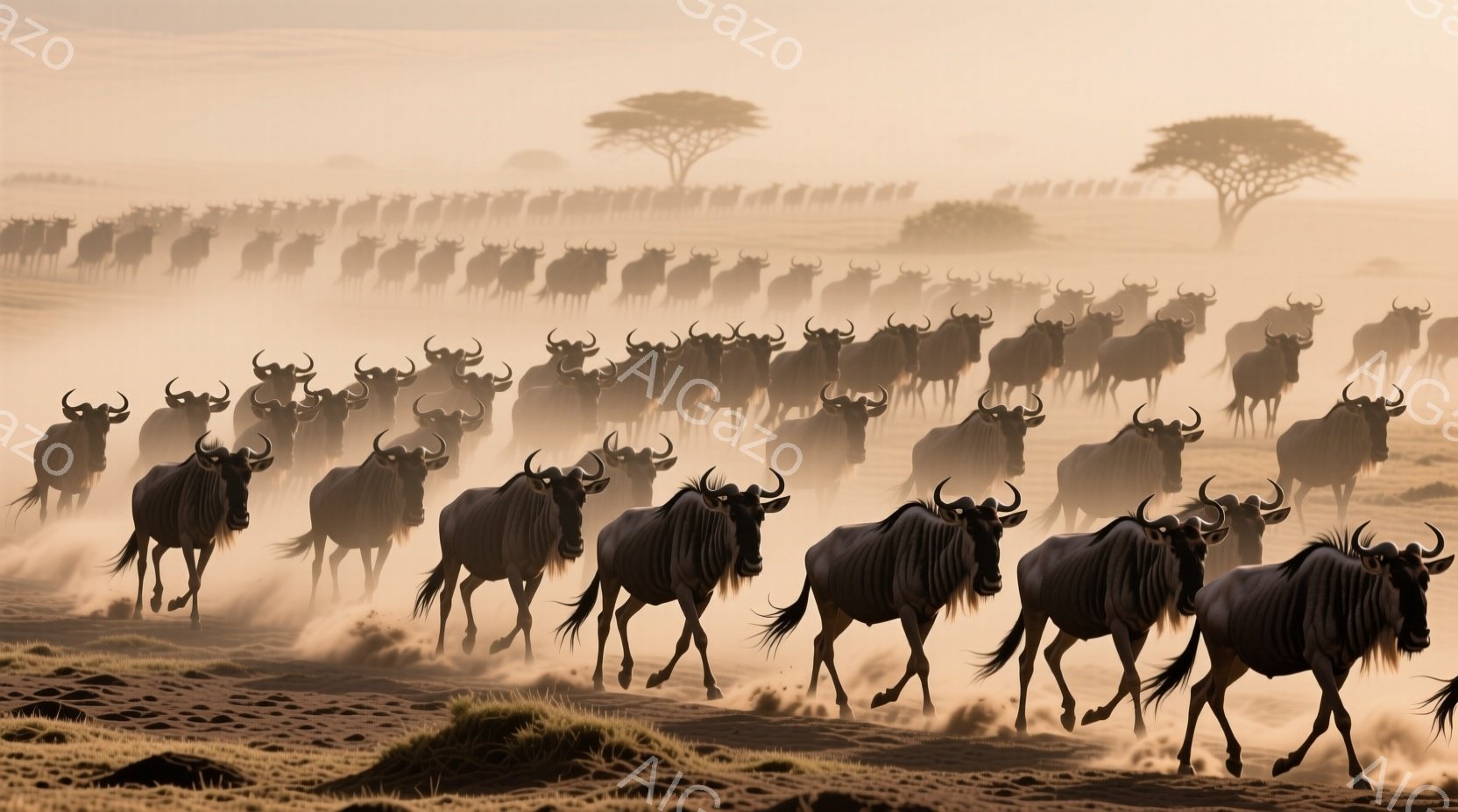 多くのヌーが砂埃を巻き上げながら一斉に走り去る様子が捉えられています。背景には、ぼんやりとしたシルエットの木々が並び、朝焼けのような柔らかな光が全体を包み込んでいます。力強いヌーの群れの動きと、広大な自然が織りなすダイナミックな雰囲気が印象的です。