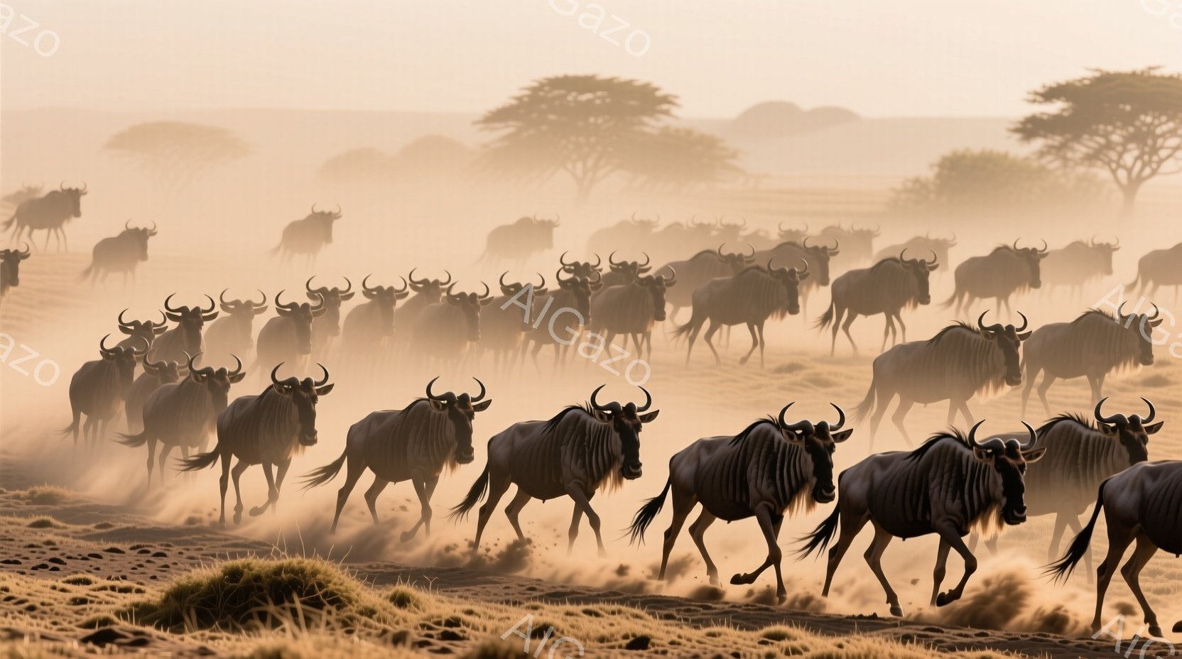 大勢のヌーが砂埃を巻き上げながら一斉に走り去る様子が捉えられています。背景には、ぼんやりとしたシルエットの木々が見え、全体的に乾燥したサバンナの風景が広がっています。朝焼けのような柔らかな光が、ヌーの群れを照らし出し、力強く、そしてどこか神秘的な雰囲気を醸し出しています。