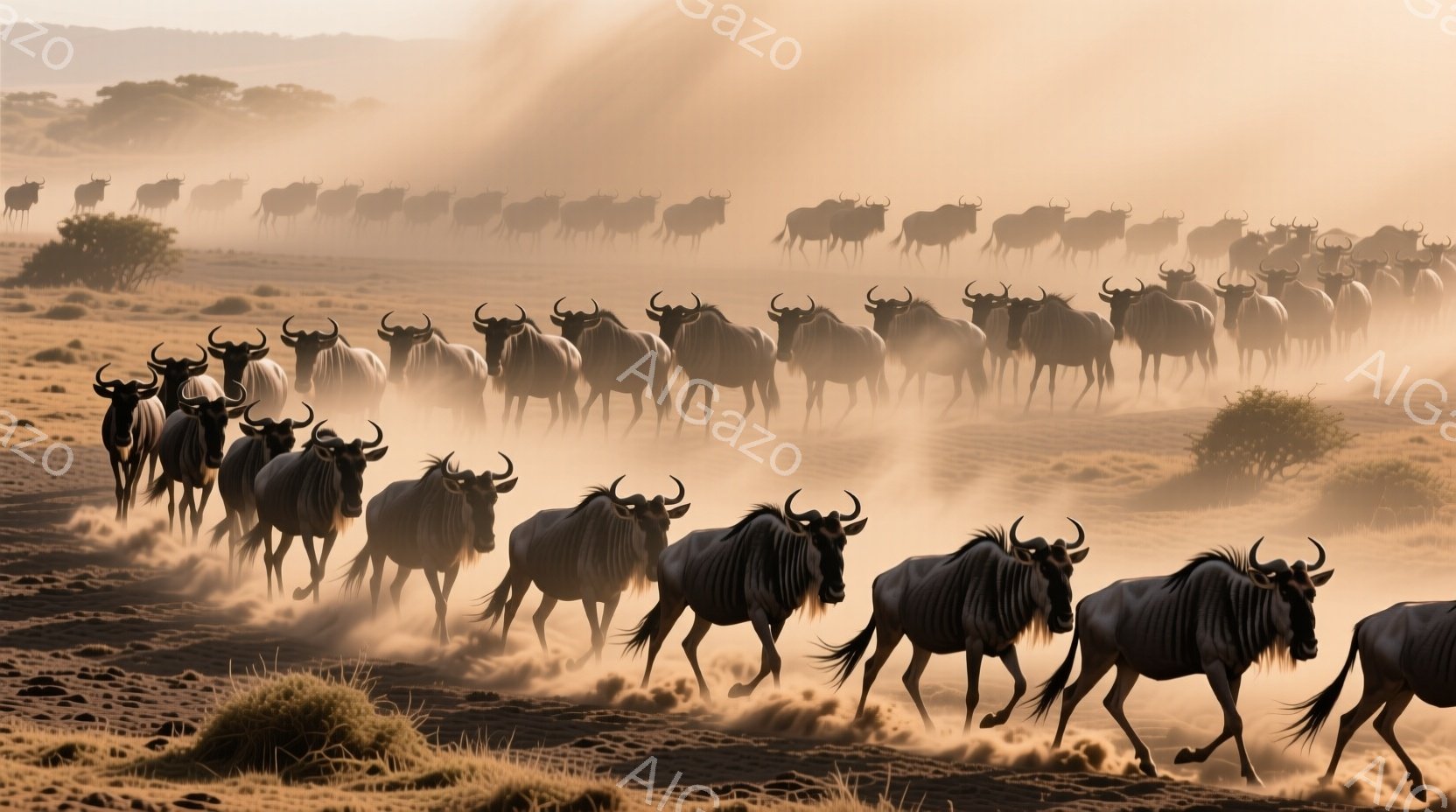大量のヌーが埃っぽい平原を力強く走り去る様子が捉えられています。朝焼けのような暖かい光が平原を照らし、ヌーたちの背後にはぼんやりとしたシルエットが連なっています。全体的に、野生動物の大移動を彷彿とさせる、ダイナミックで壮大な雰囲気です。