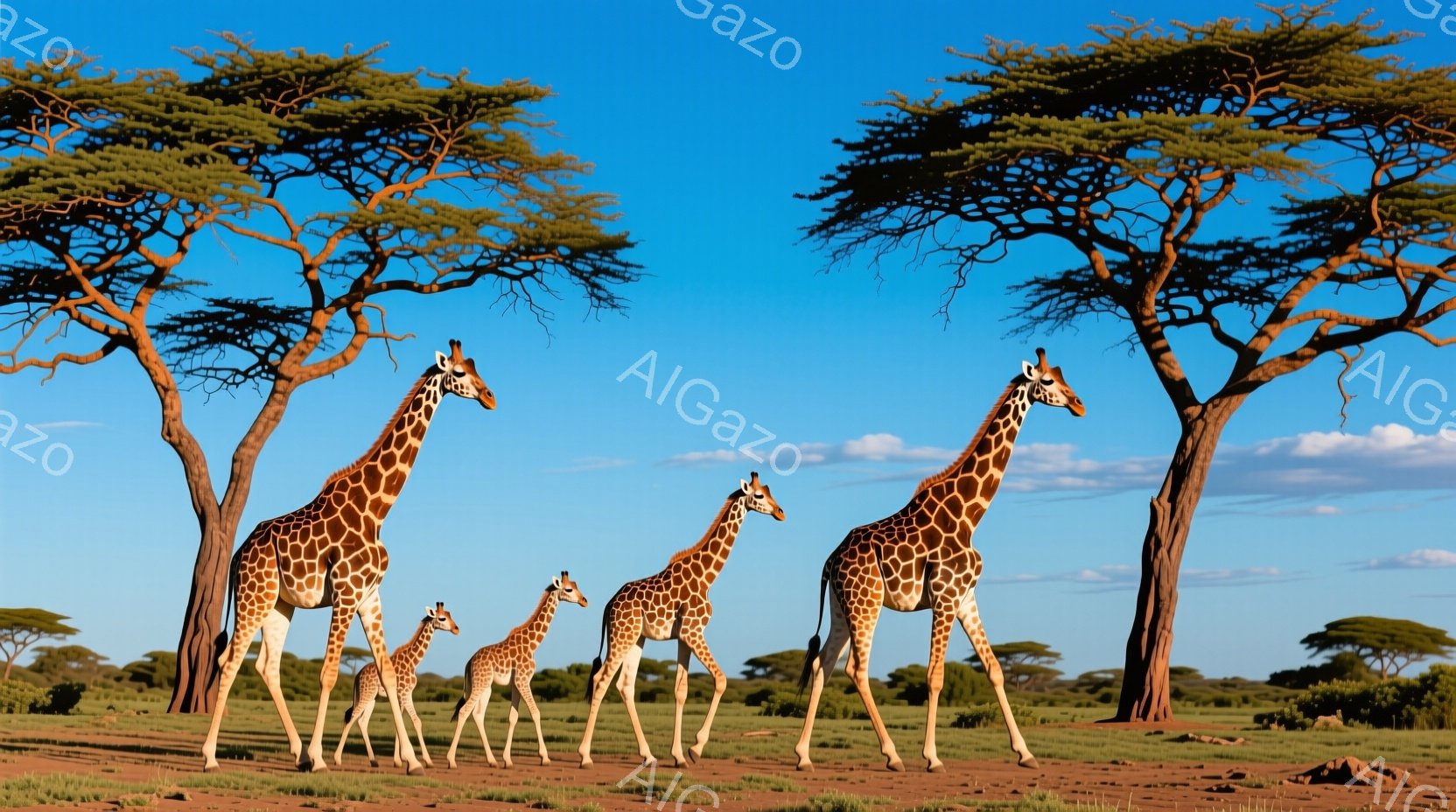 サバンナの風景の中に、大小様々なキリンが四匹並んで立っている。背景にはアカシアの木が点在し、空は晴れ渡っている。全体的に乾燥した暖かく、穏やかな雰囲気が漂っている。 - AI生成フリー素材