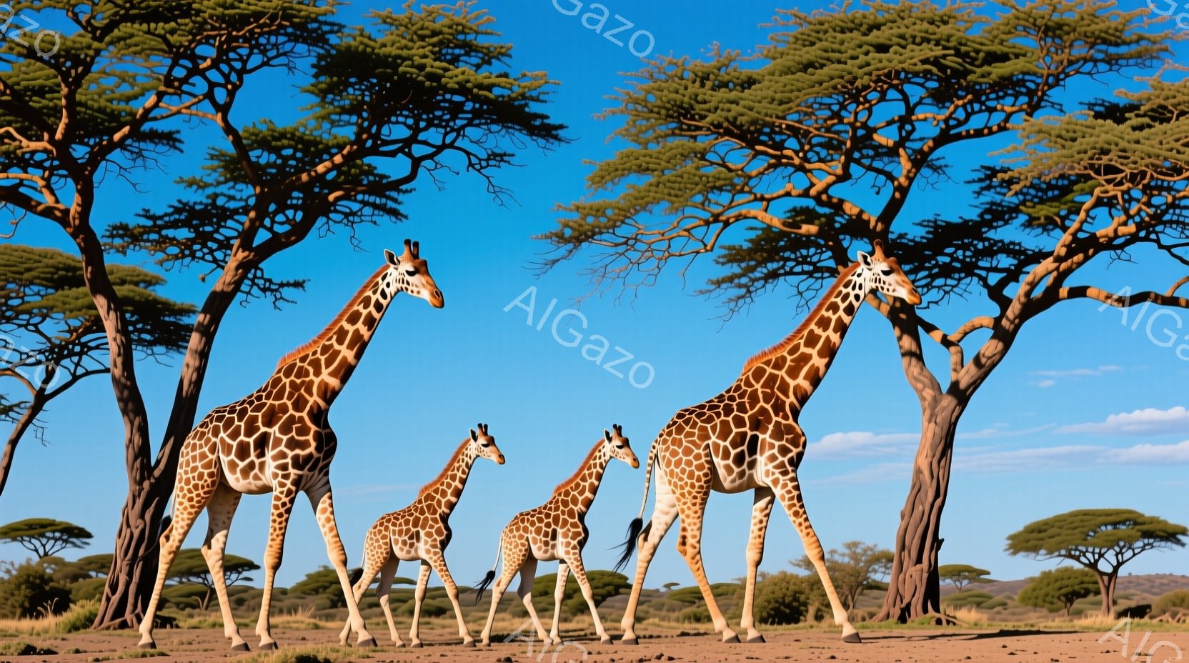 広大なサバンナに、３頭のキリンが並んで立っている。青空の下、キリンたちは長い首を伸ばし、遠くを見渡しているように見える。背景にはまばらに生えた木々が広がり、乾燥した大地と鮮やかな空色が印象的な風景を作り出している。