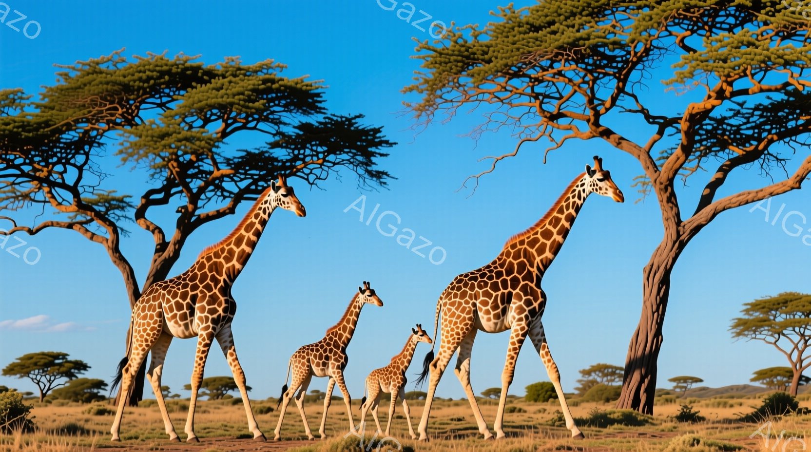 広大なサバンナに3頭のキリンが立っている。一番大きなキリンは堂々と正面を向き、他の2頭は少し後ろに寄り添っているように見える。背景にはアカシアの木々が点在し、青空の下、穏やかで平和な雰囲気を醸し出している。