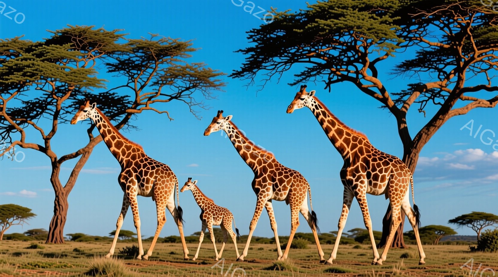 広大なサバンナに、三頭のキリンが並んで立っている。一番背の高いキリンは、まるでリーダーのように堂々とした姿勢で、その周りには、少し小さいキリンたちが寄り添っている。背景には、あざやかな青空と、まばらに生えるアカシアの木々が広がり、穏やかで平和な雰囲気を醸し出している。