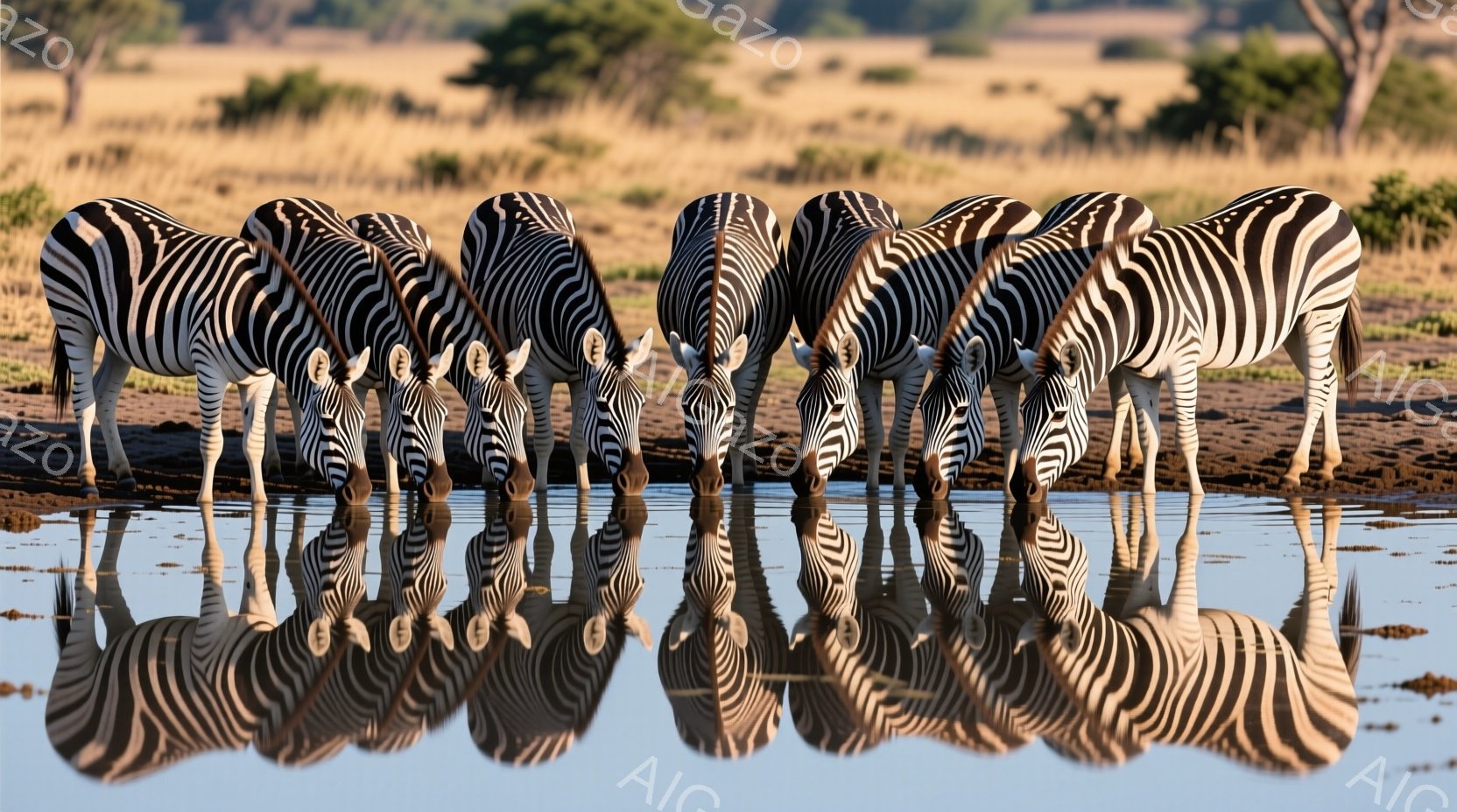 縞模様のシマウマたちが水場に集まり、水を飲んでいる様子が捉えられています。シマウマたちは一列に並び、水面に自身の姿を映し出し、穏やかな雰囲気です。背景には、乾燥した草地と遠くに見える木々が広がり、晴れた日の自然な風景が広がっています。