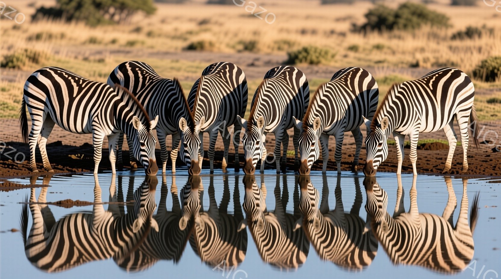 シマウマが水たまりで水を飲んでいる様子が捉えられています。彼らは密集して集まり、互いの縞模様が重なり合い、水面に映る姿もまた鮮明です。背景は乾燥した草原で、穏やかな日差しが差し込み、静かで平和な雰囲気 - AI生成フリー素材