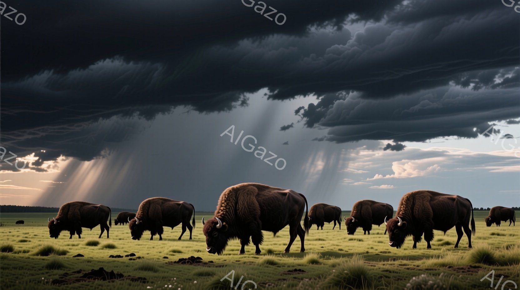 広大な砂漠地帯をダチョウが疾走している様子が捉えられている。その姿は、長い脚を大きく広げ、砂埃を巻き上げながら力強く前進しており、まるで走る黒い矢のようだ。背景にはまばらに生えた低木や遠くの山々が見え - AI生成フリー素材