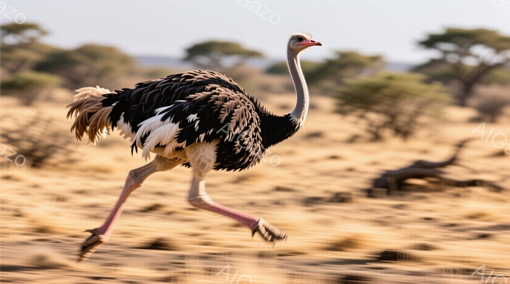 広大な砂漠地帯をダチョウが疾走している様子が捉えられています。鮮やかなピンク色の脚を高く上げ、黒と白の羽毛が風になびきながら、力強く大地を蹴り上げている姿は躍動感に満ちています。背景にはまばらな低木や - AI生成フリー素材