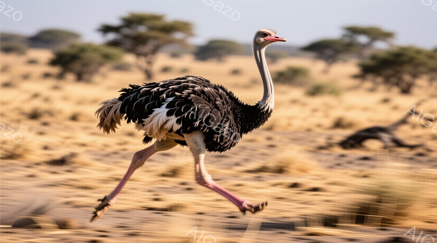 広大な砂漠地帯をダチョウが疾走している様子が捉えられている。鮮やかなピンク色の脚を大きく踏み出し、風を切るように走る姿は躍動感に満ちている。背景にはまばらに生えた木々が見え、乾燥した大地と青空が広がっ - AI生成フリー素材