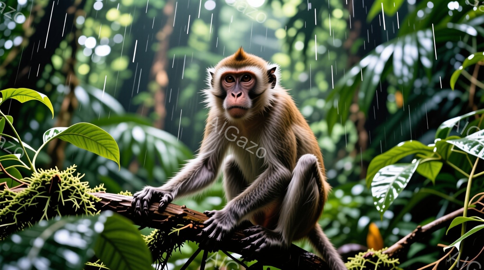 鮮やかな緑の葉に囲まれ、茶色の毛並みを持つ猿が木の枝にとまっている。猿は前足を枝にしっかりと巻き付け、こちらをまっすぐ見つめており、穏やかで知的な表情をしている。背景には緑豊かな熱帯雨林が広がり、雨が - AI生成フリー素材