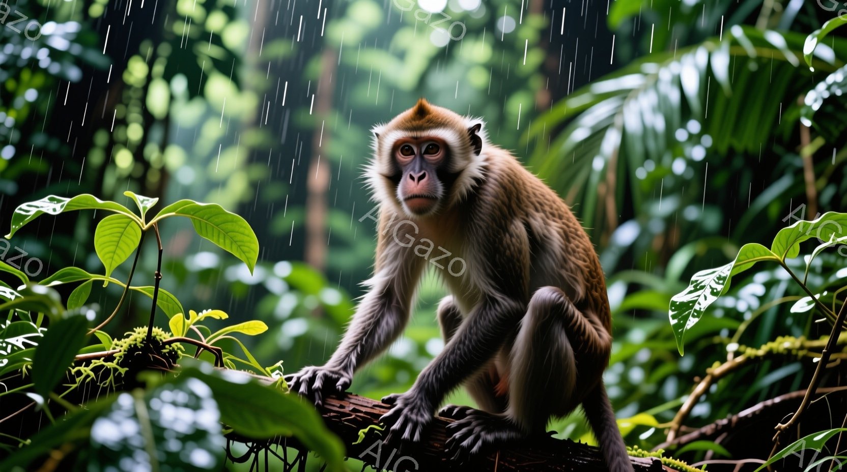 鬱蒼とした緑の熱帯雨林の中で、茶色の毛並みの猿が木の枝にとまってこちらを見ています。猿は前足を枝につけ、真剣な表情で、周囲の環境を警戒しているように見えます。背景には、濃い緑の葉が生い茂り、雨粒が降り注ぐ様子がぼやけて描かれており、湿潤で神秘的な雰囲気が漂っています。