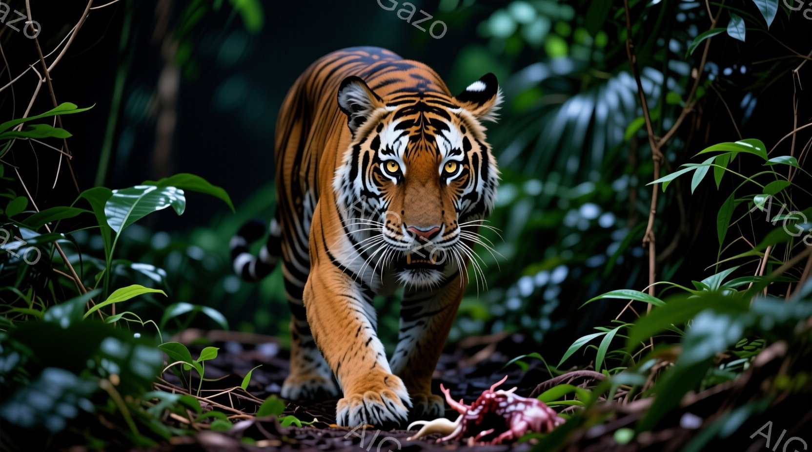 鮮やかなオレンジと黒の縞模様を持つトラが、緑豊かなジャングルの中を力強く歩いている。その鋭い眼差しはカメラに向かっており、獲物らしき赤い蟹が足元に置かれている。背景は濃い緑の植物で覆われ、湿度の高いジャングルの雰囲気を醸し出している。