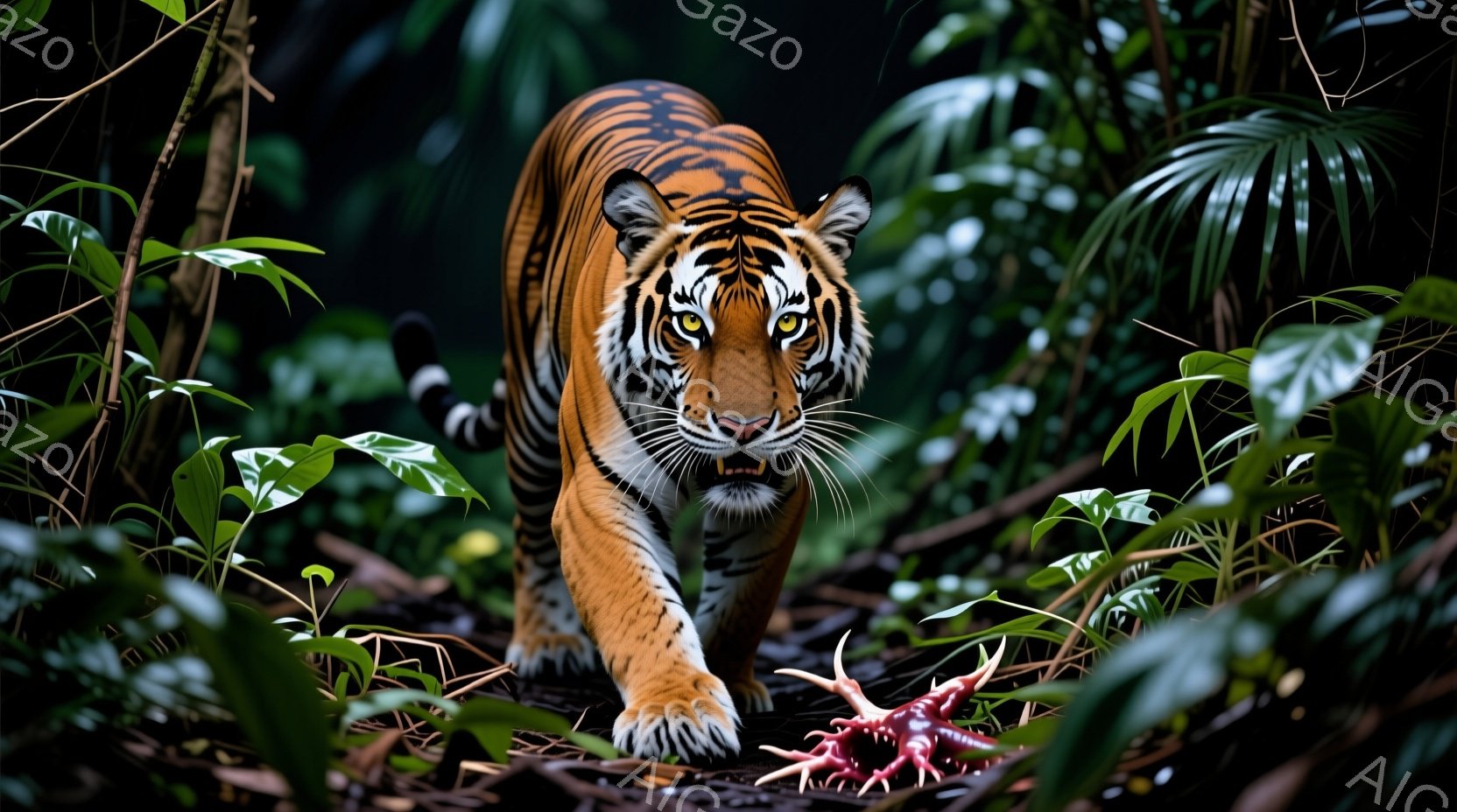 鮮やかなオレンジと黒の縞模様を持つベンガルトラが、緑豊かな熱帯雨林の中を歩いている。その視線は鋭く、獲物を狙っているかのように見え、力強い前脚と筋肉質な体躯が野生の力強さを強調している。背景には濃い緑の植物が茂り、湿気と神秘的な雰囲気が漂う、自然の脅威を感じさせる一枚である。