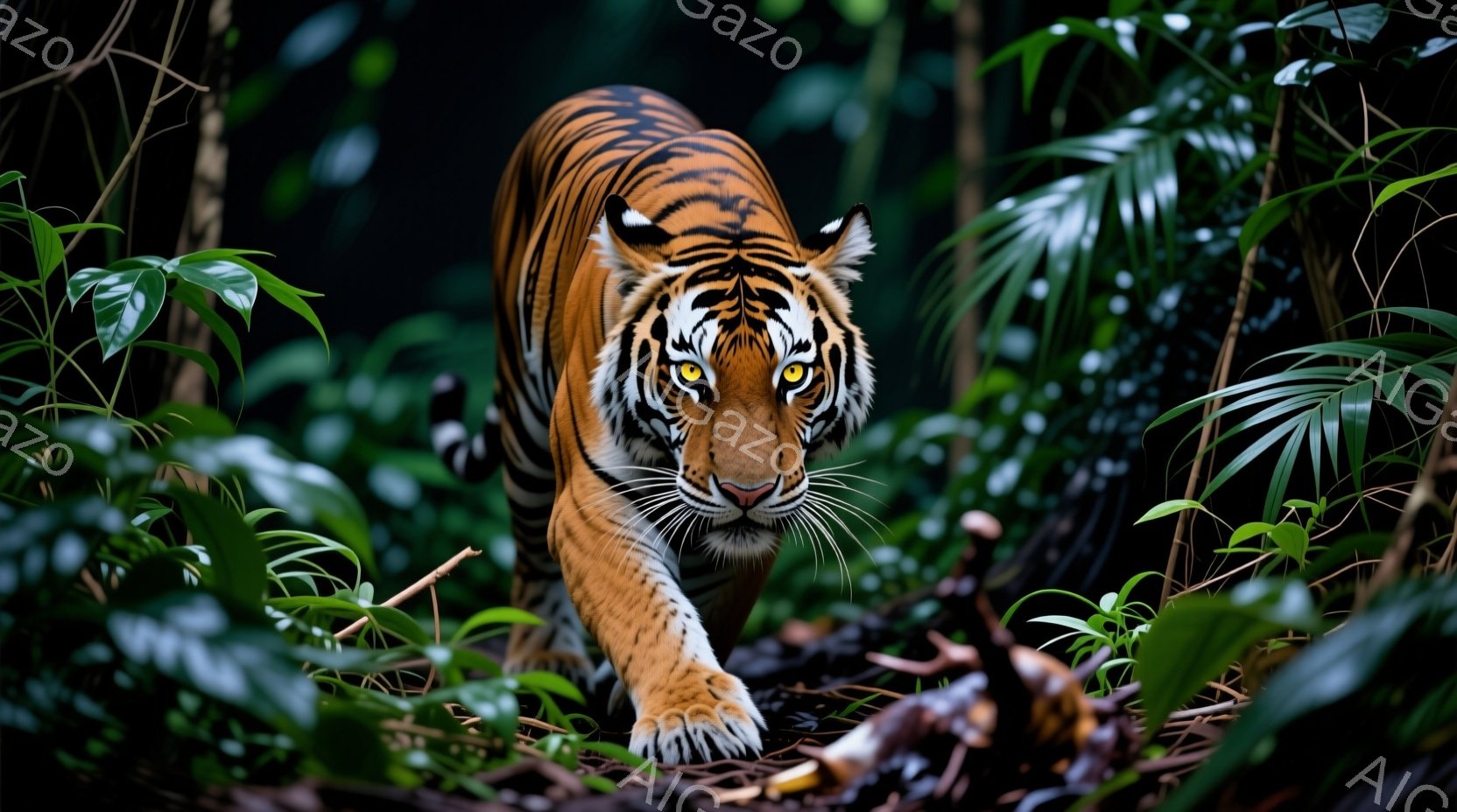 鮮やかなオレンジと黒の縞模様を持つ巨大なトラが、緑豊かな熱帯雨林の中を歩いている。鋭い眼差しでカメラを見つめ、力強い前足を踏み出し、獲物を狙うような姿勢を見せている。背景は生い茂った植物に覆われ、暗く神秘的な雰囲気を醸し出している。